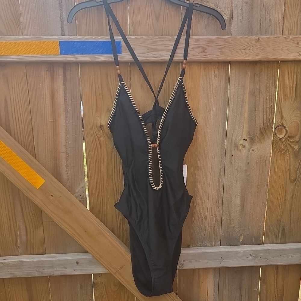 BlackโOne-Piece Swimsuit with Beaded Straps